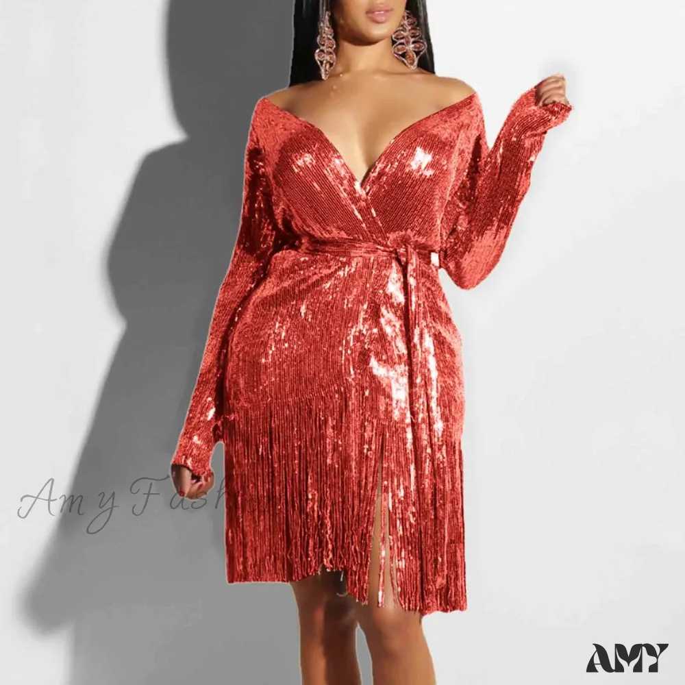 Sexy Vintage Elegant Black Maxi Sequined Summer Tassel Short-Sleeve Cocktail Party Vestidos Dress - Image 3