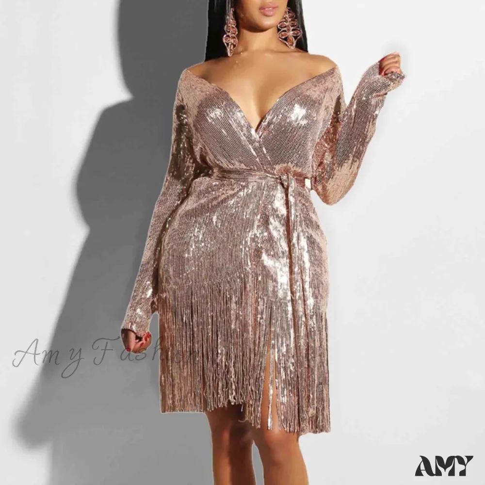 Sexy Vintage Elegant Black Maxi Sequined Summer Tassel Short-Sleeve Cocktail Party Vestidos Dress - Image 5