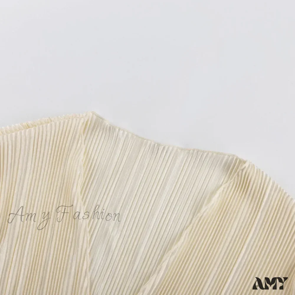 Sexy White Lace-Up Summer Autumn Long Sleeve Pleated Blouse - Image 6