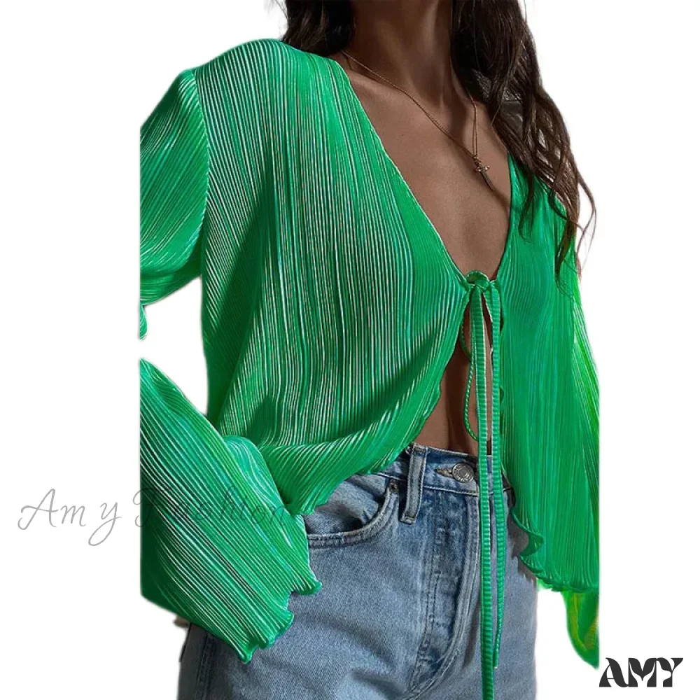 Sexy White Lace-Up Summer Autumn Long Sleeve Pleated Blouse - Image 8