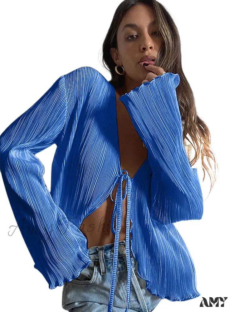 Sexy White Lace-Up Summer Autumn Long Sleeve Pleated Blouse - Image 9