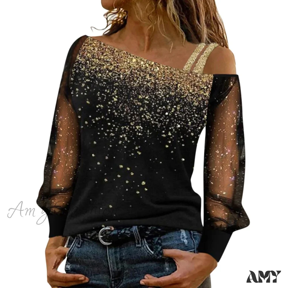 Amy Fashion - Long Sleeve Sequin Cold Shoulder Bling Mesh Sheer Blouse - Image 4