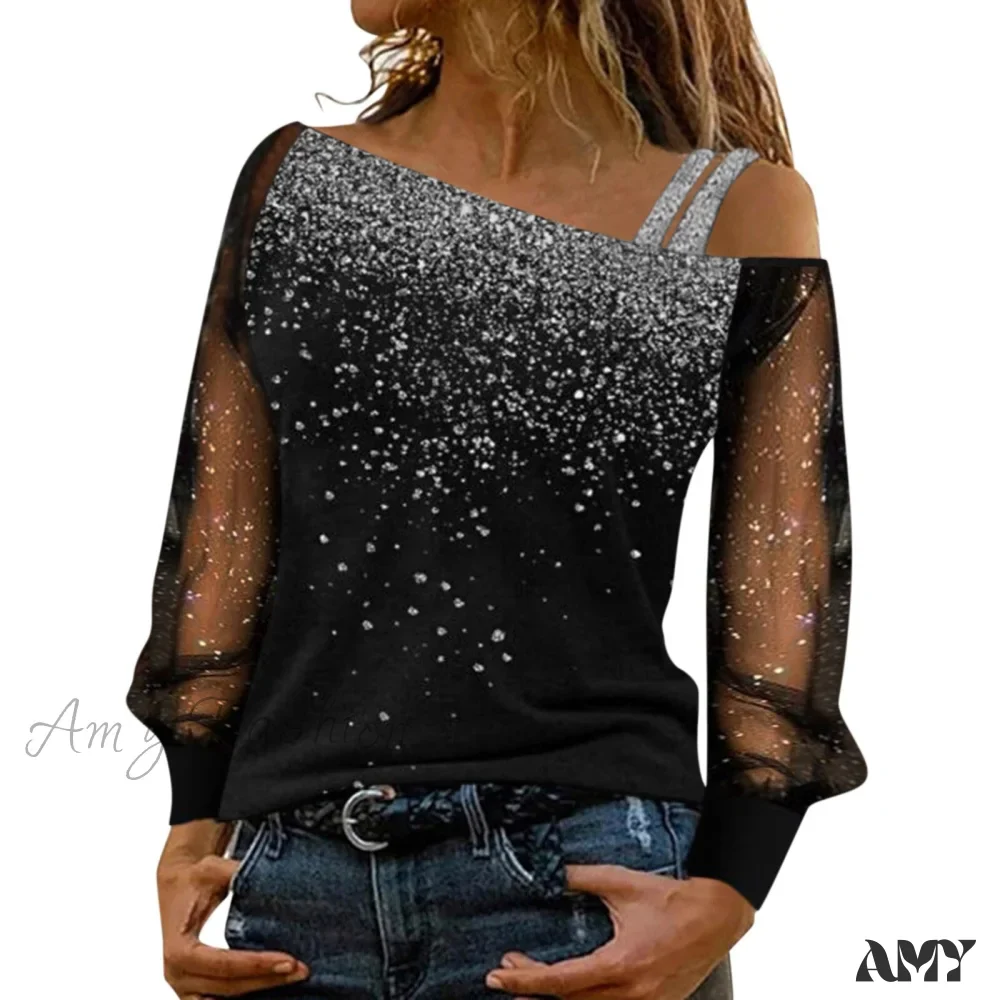 Amy Fashion - Long Sleeve Sequin Cold Shoulder Bling Mesh Sheer Blouse - Image 5