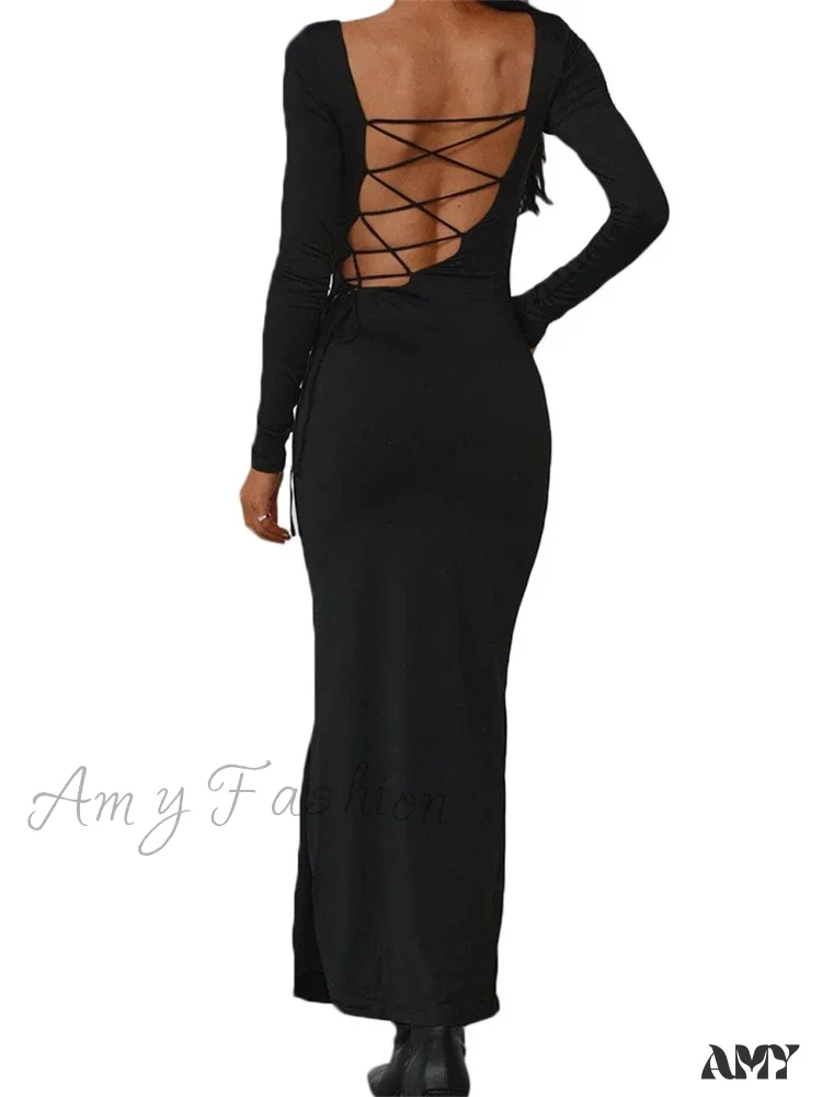 Amy Fashion - Sexy Women Backless Hollow Out Criss-cross Tie-up   Sleeve Black Solid Slim Fit Party  Vestidos - Image 4