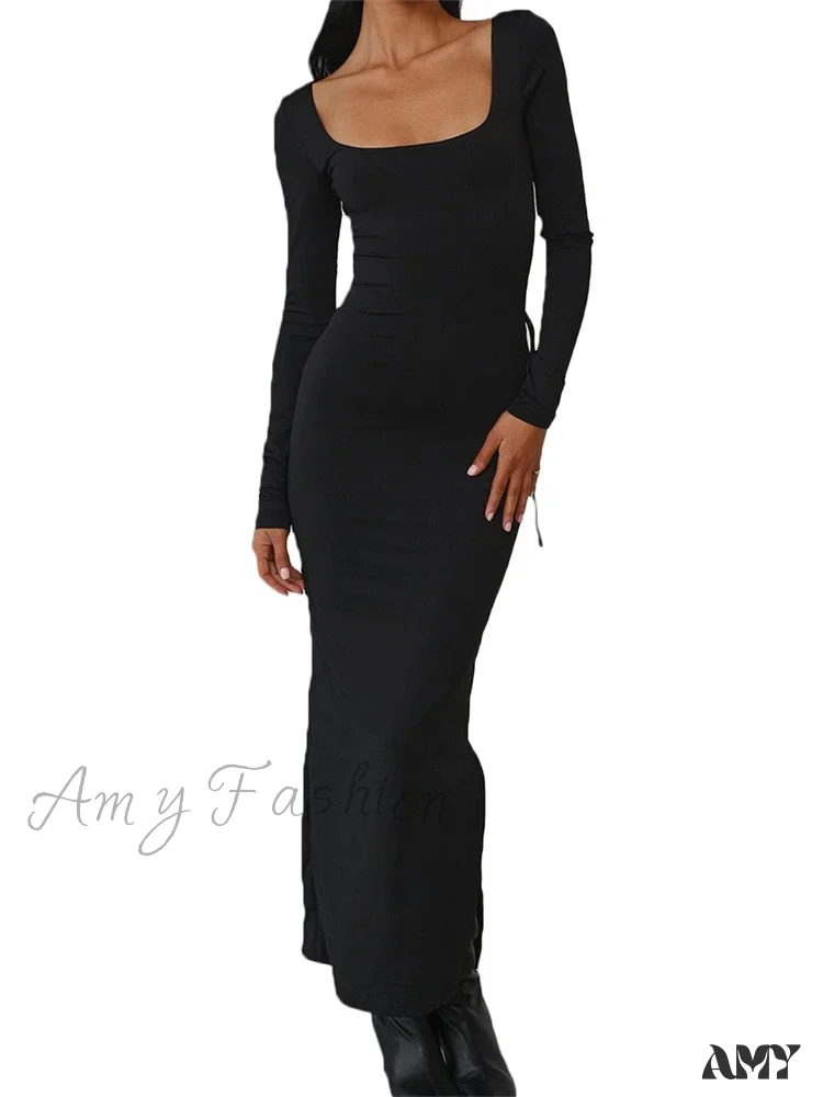 Amy Fashion - Sexy Women Backless Hollow Out Criss-cross Tie-up   Sleeve Black Solid Slim Fit Party  Vestidos - Image 5