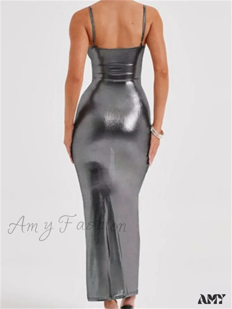 Amy Fashion - Sexy Women Bodycon  Solid Metallic Sleeveless Strap Summer Backless Party Female Vestidos Streetwear - Image 2