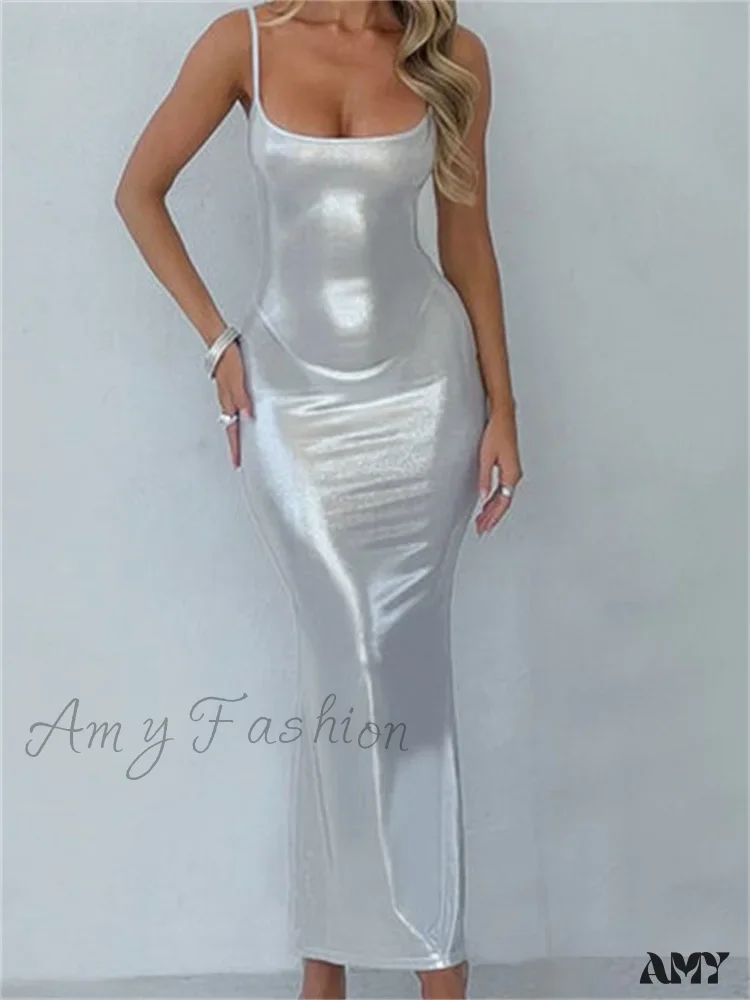 Amy Fashion - Sexy Women Bodycon  Solid Metallic Sleeveless Strap Summer Backless Party Female Vestidos Streetwear - Image 3