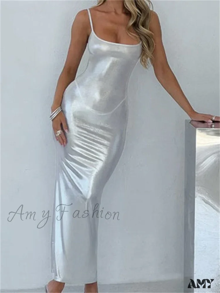 Amy Fashion - Sexy Women Bodycon  Solid Metallic Sleeveless Strap Summer Backless Party Female Vestidos Streetwear - Image 4