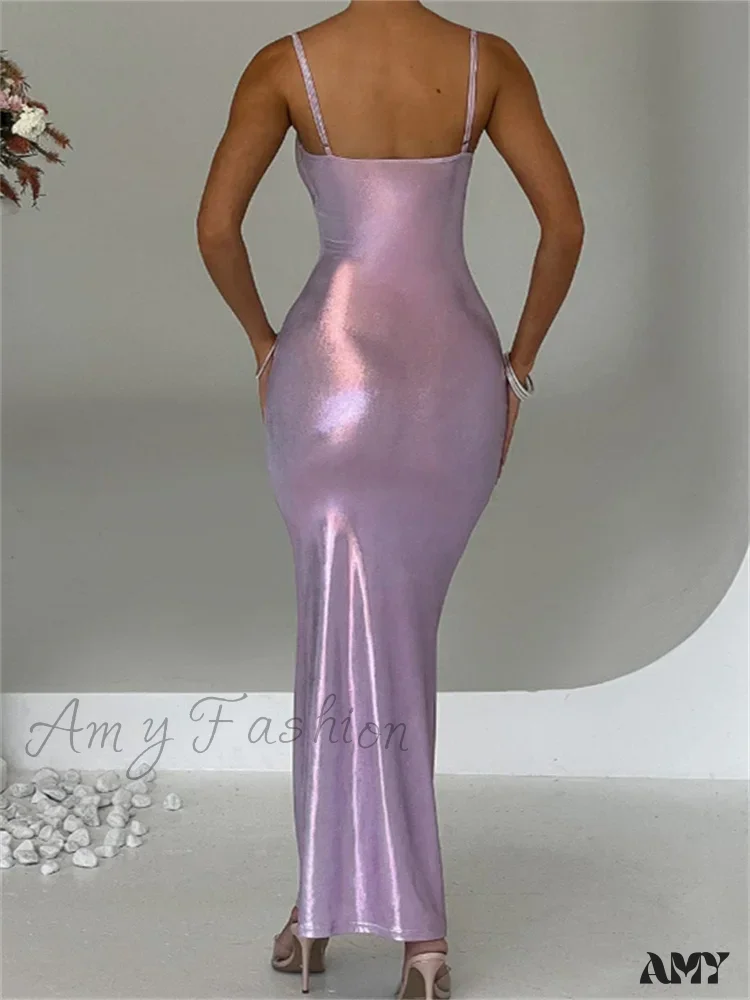 Amy Fashion - Sexy Women Bodycon  Solid Metallic Sleeveless Strap Summer Backless Party Female Vestidos Streetwear - Image 6