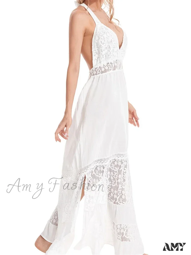 Amy Fashion - Sexy Women Bohemian  Sleeveless Backless Halter Lace Patchwork Summer Beach Vacation Holiday Vestidos - Image 3