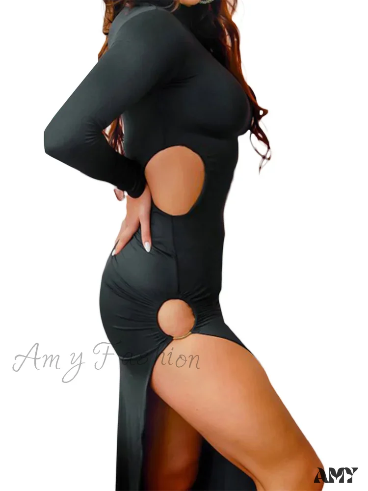 Amy Fashion - Sexy Women High Split   Sleeve High Neck Solid Evening  Side Cutout Bodycon Female Vestidos - Image 2