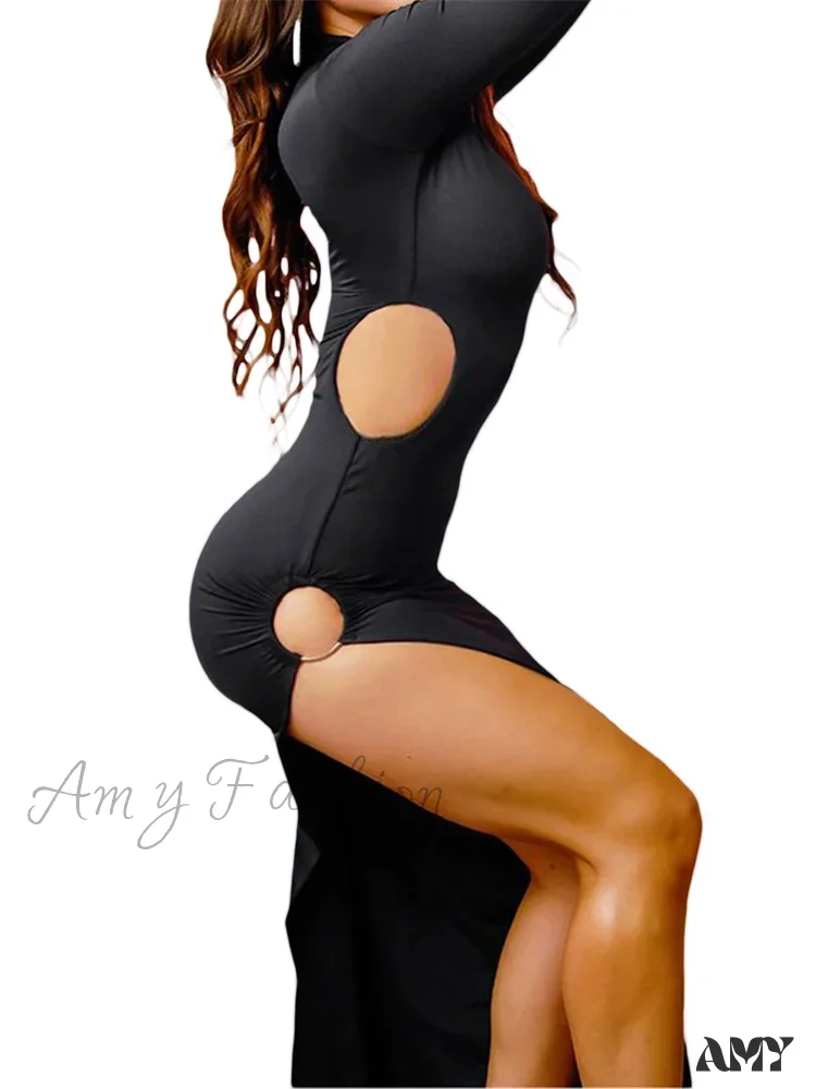Amy Fashion - Sexy Women High Split   Sleeve High Neck Solid Evening  Side Cutout Bodycon Female Vestidos - Image 3