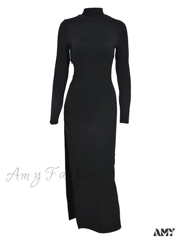 Amy Fashion - Sexy Women High Split   Sleeve High Neck Solid Evening  Side Cutout Bodycon Female Vestidos - Image 4