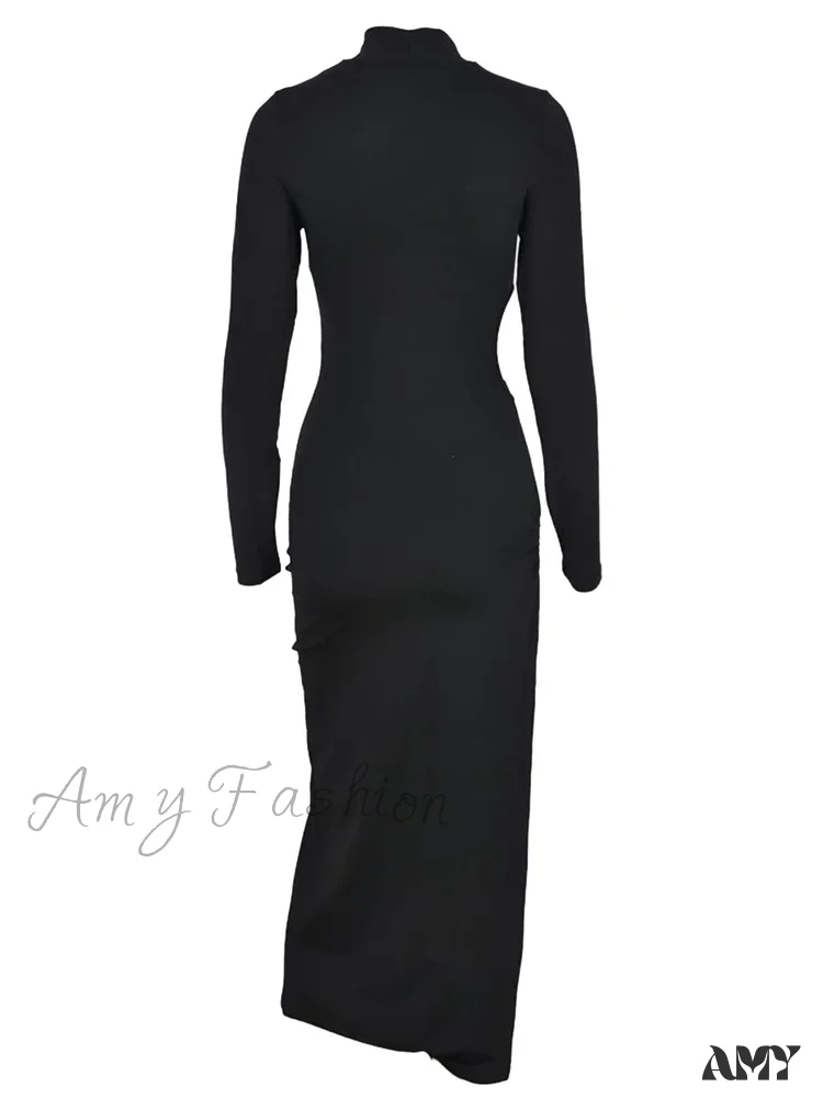 Amy Fashion - Sexy Women High Split   Sleeve High Neck Solid Evening  Side Cutout Bodycon Female Vestidos - Image 5