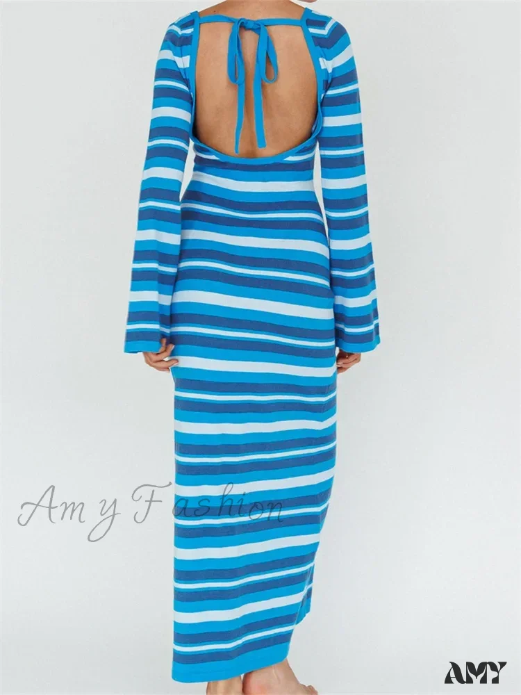 Amy Fashion - Sexy Women Knitted   Sleeve Crew Neck Backless Tie-up Striped Print Slim Fit Spring Fall Vestidos - Image 2