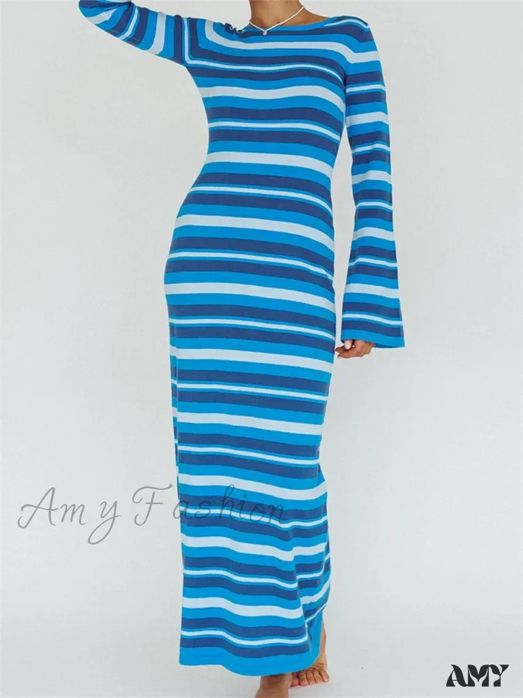 Amy Fashion - Sexy Women Knitted   Sleeve Crew Neck Backless Tie-up Striped Print Slim Fit Spring Fall Vestidos - Image 3