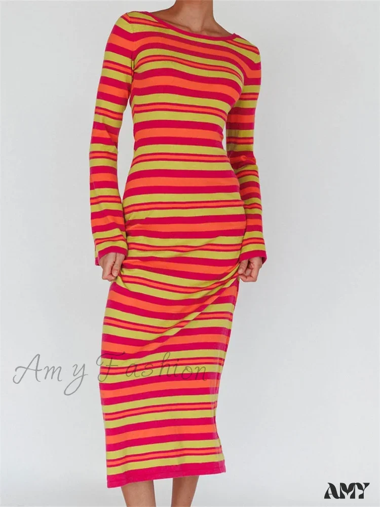 Amy Fashion - Sexy Women Knitted   Sleeve Crew Neck Backless Tie-up Striped Print Slim Fit Spring Fall Vestidos - Image 4