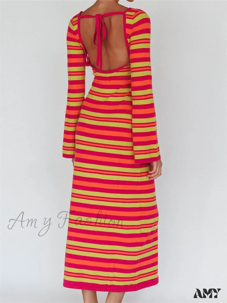 Amy Fashion - Sexy Women Knitted   Sleeve Crew Neck Backless Tie-up Striped Print Slim Fit Spring Fall Vestidos - Image 5