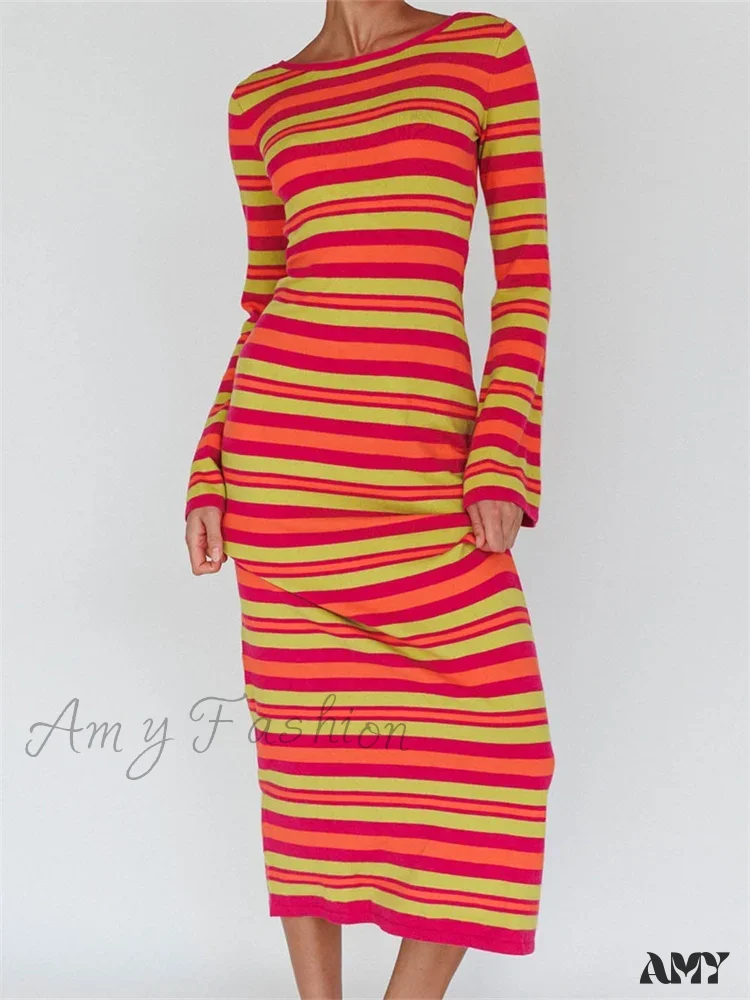 Amy Fashion - Sexy Women Knitted   Sleeve Crew Neck Backless Tie-up Striped Print Slim Fit Spring Fall Vestidos - Image 6