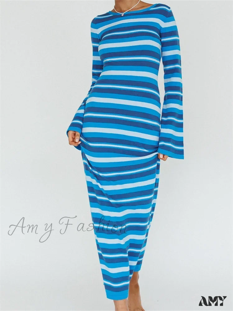 Amy Fashion - Sexy Women Knitted   Sleeve Crew Neck Backless Tie-up Striped Print Slim Fit Spring Fall Vestidos - Image 7