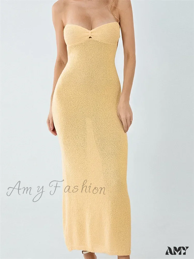 Amy Fashion - Sexy Women Knitted Tube Strapless Off Shoulder Solid Summer Tie-up Backless Beach Female Vestidos