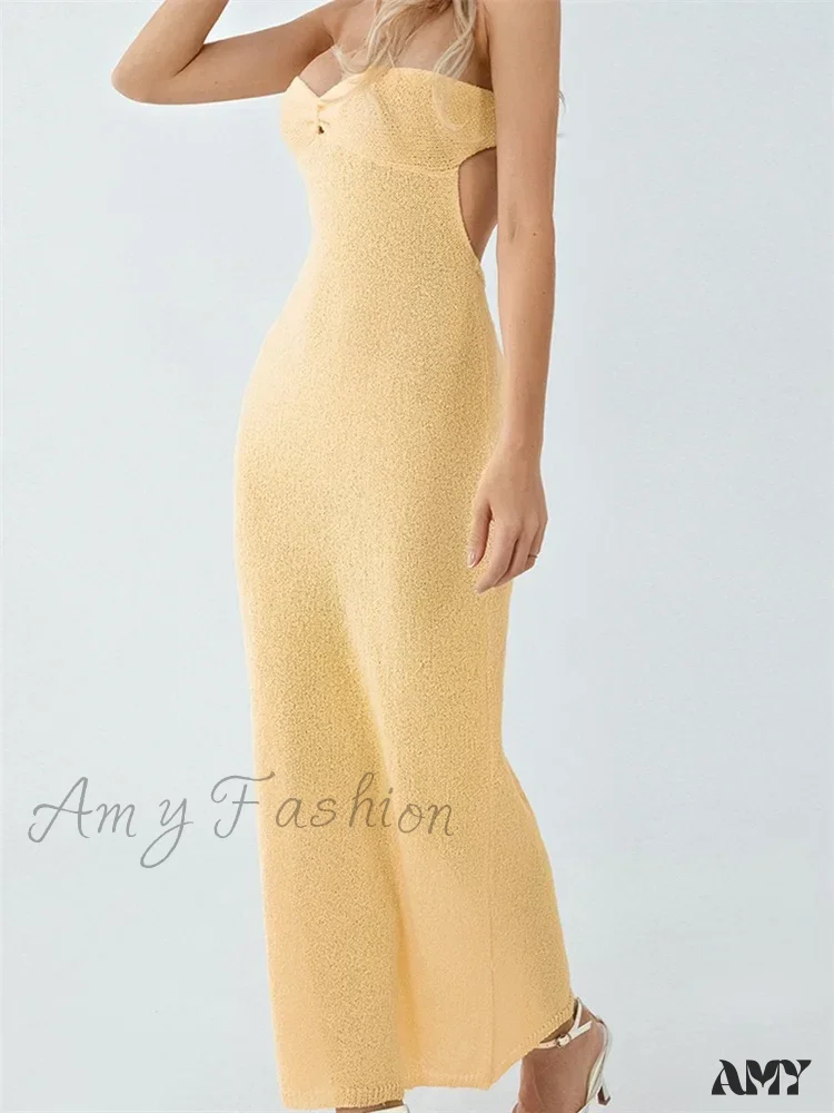 Amy Fashion - Sexy Women Knitted Tube Strapless Off Shoulder Solid Summer Tie-up Backless Beach Female Vestidos - Image 2