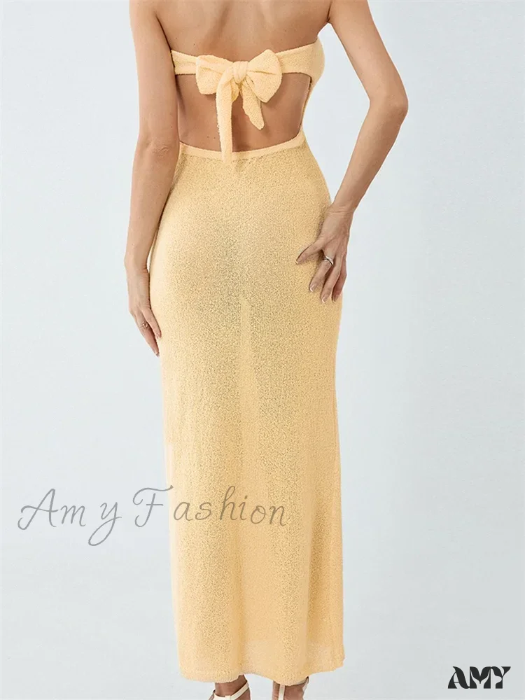 Amy Fashion - Sexy Women Knitted Tube Strapless Off Shoulder Solid Summer Tie-up Backless Beach Female Vestidos - Image 4
