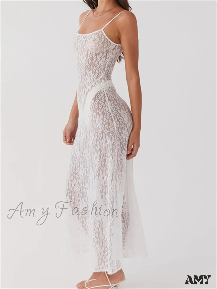 Amy Fashion - Sexy Women Lace Floral Sexy Mesh See Through Summer Sleeveless Strap White Beach Female Vestido - Image 2