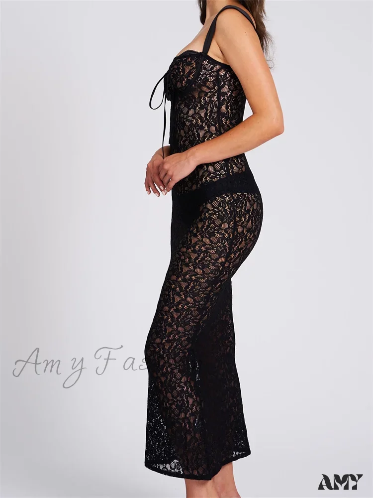 Amy Fashion - Sexy Women Lace Floral  Sling Mesh See-Through Sleeveless Strap Low Cut Summer Backless Party Vestido - Image 3