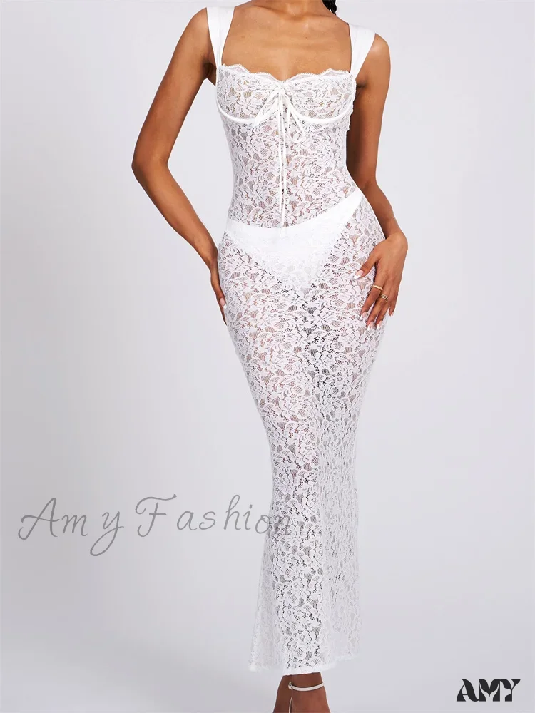 Amy Fashion - Sexy Women Lace Floral  Sling Mesh See-Through Sleeveless Strap Low Cut Summer Backless Party Vestido - Image 4