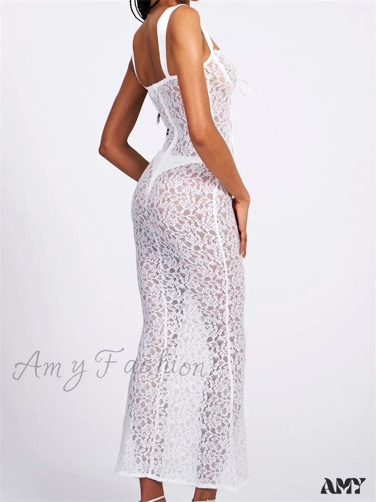 Amy Fashion - Sexy Women Lace Floral  Sling Mesh See-Through Sleeveless Strap Low Cut Summer Backless Party Vestido - Image 5