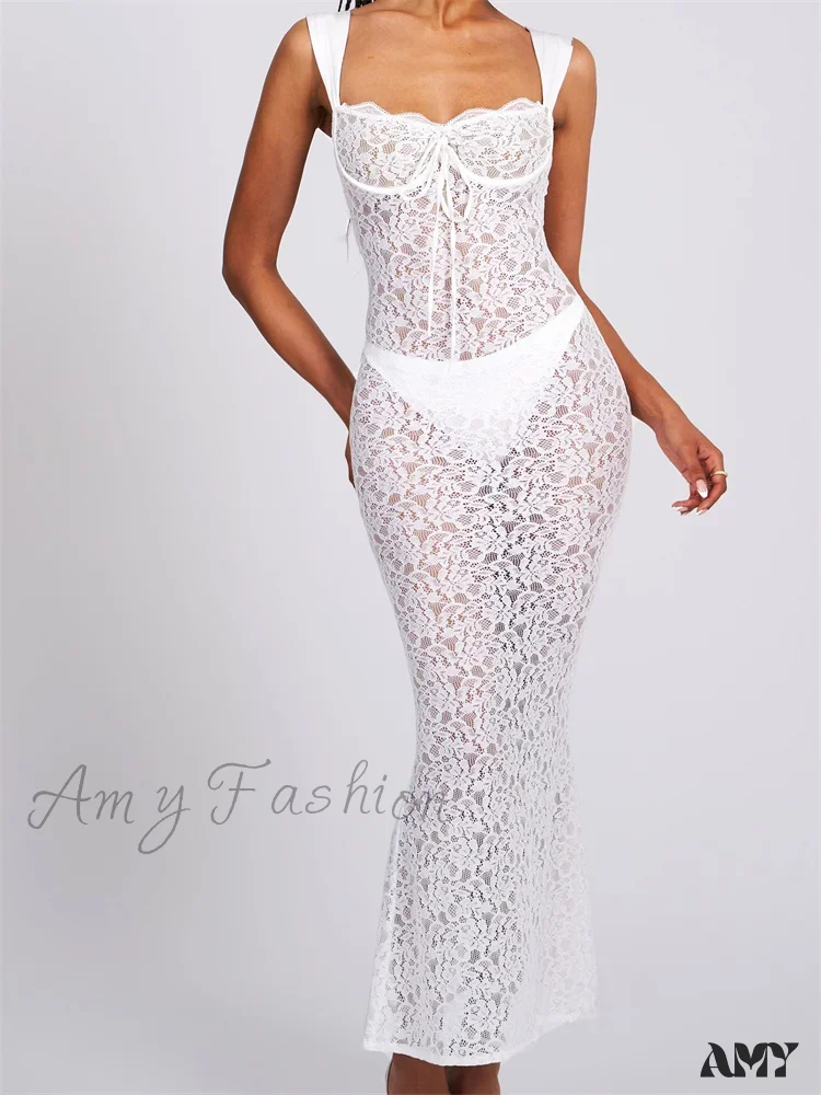 Amy Fashion - Sexy Women Lace Floral  Sling Mesh See-Through Sleeveless Strap Low Cut Summer Backless Party Vestido - Image 7