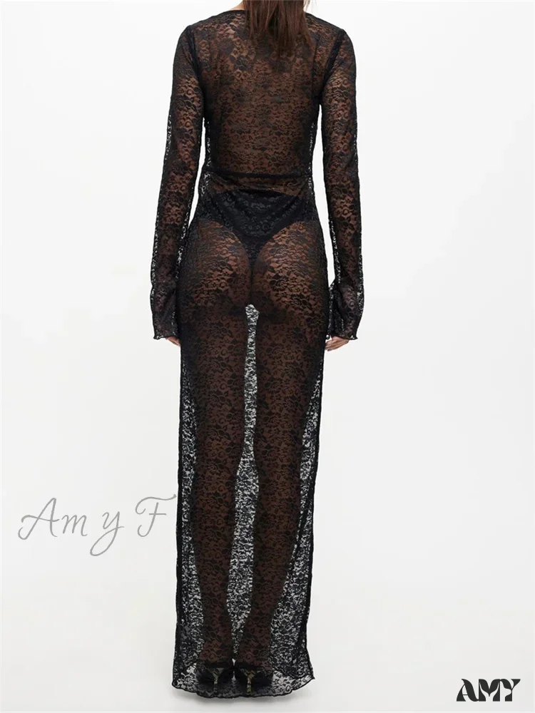 Amy Fashion - Sexy Women Lace Party  Sleeve Crew Neck Front Hollow Out Cocktail Mesh See-Through  Vestidos - Image 2