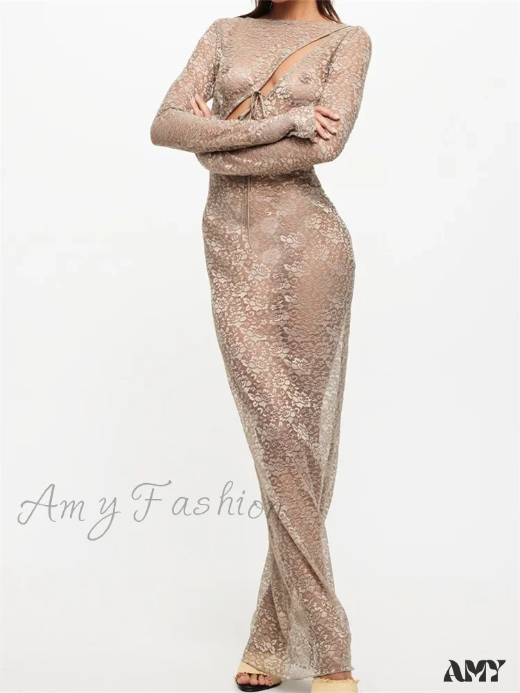 Amy Fashion - Sexy Women Lace Party  Sleeve Crew Neck Front Hollow Out Cocktail Mesh See-Through  Vestidos - Image 3