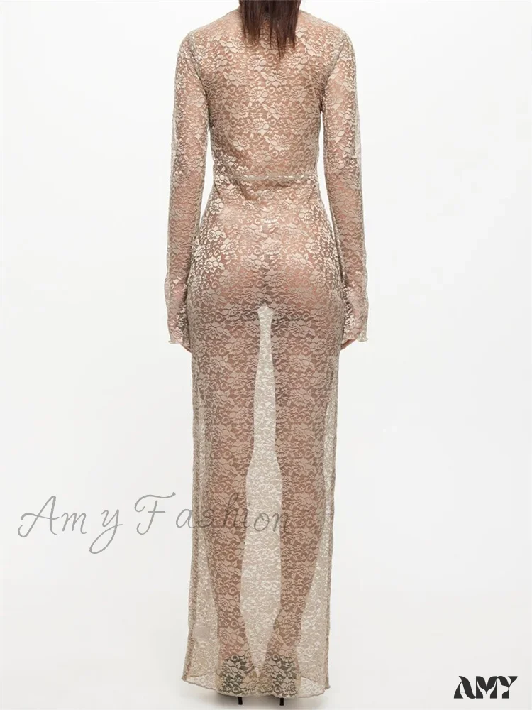 Amy Fashion - Sexy Women Lace Party  Sleeve Crew Neck Front Hollow Out Cocktail Mesh See-Through  Vestidos - Image 4