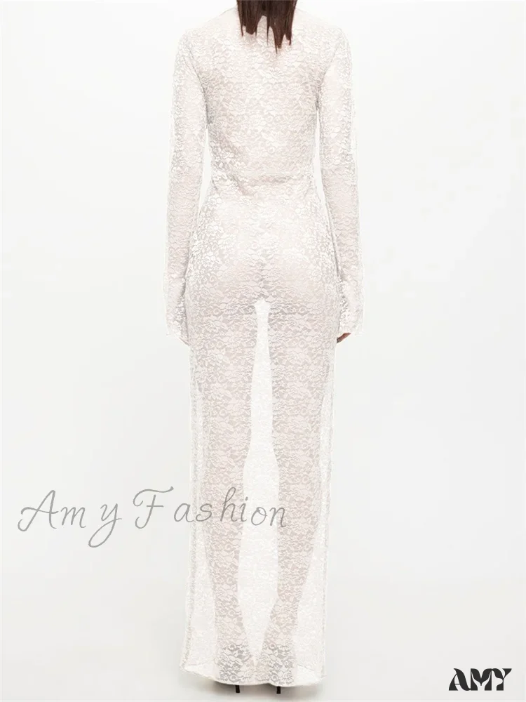 Amy Fashion - Sexy Women Lace Party  Sleeve Crew Neck Front Hollow Out Cocktail Mesh See-Through  Vestidos - Image 6