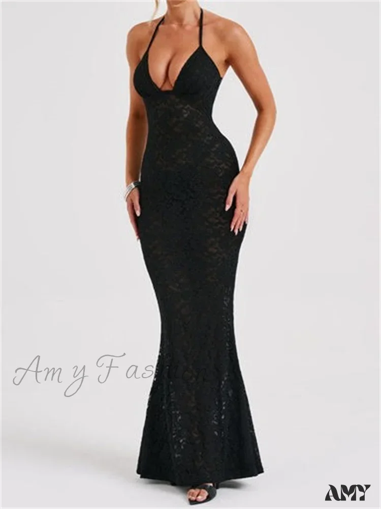 Amy Fashion - Sexy Women Lace  Sexy Mesh See Through Summer Off Shoulder V-neck Halter Black Beach Female Vestidos - Image 2