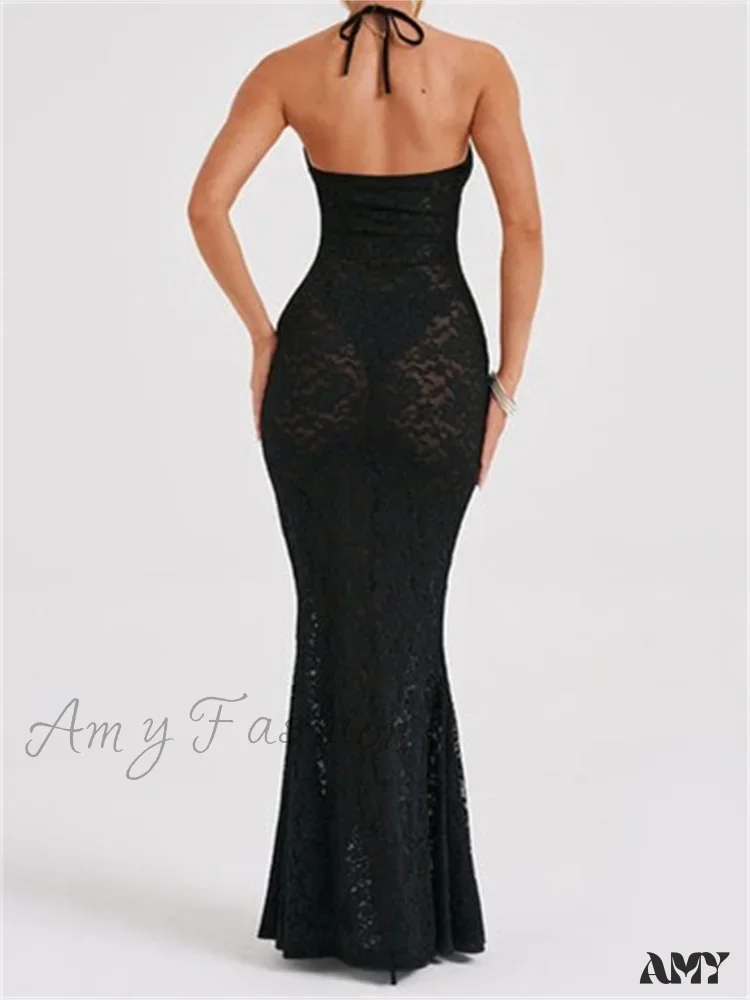 Amy Fashion - Sexy Women Lace  Sexy Mesh See Through Summer Off Shoulder V-neck Halter Black Beach Female Vestidos - Image 3
