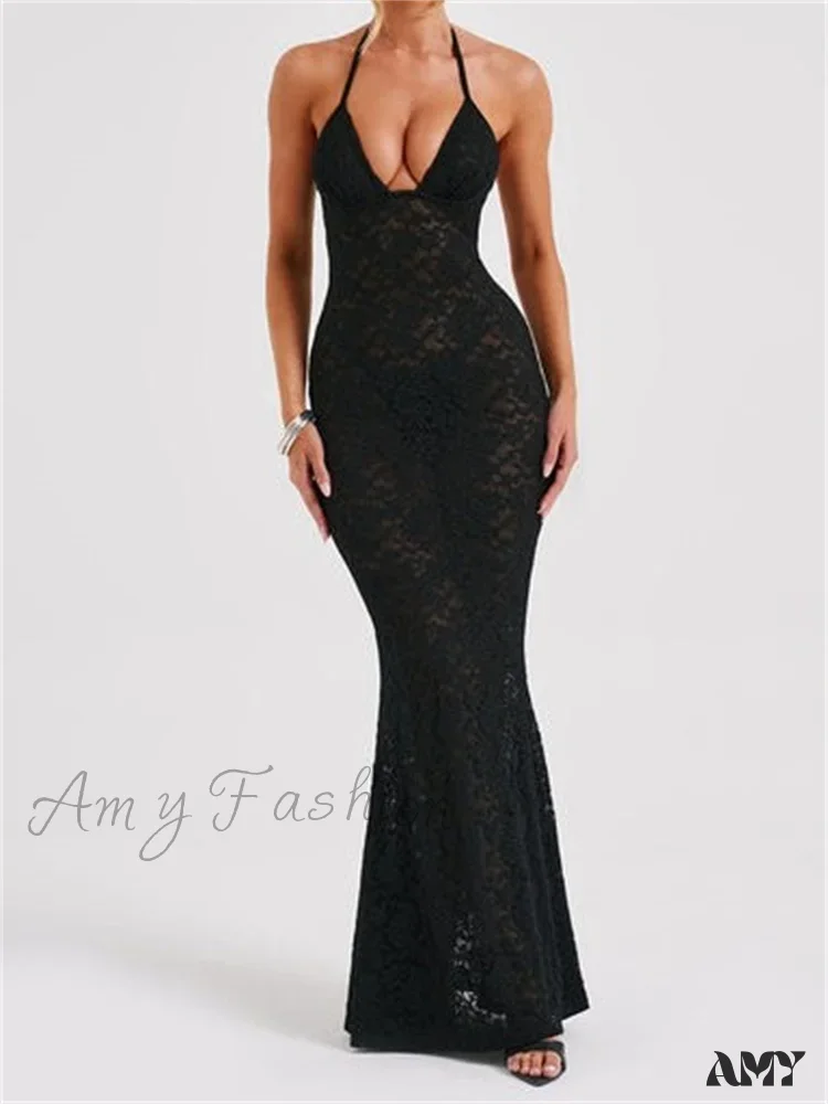Amy Fashion - Sexy Women Lace  Sexy Mesh See Through Summer Off Shoulder V-neck Halter Black Beach Female Vestidos - Image 4