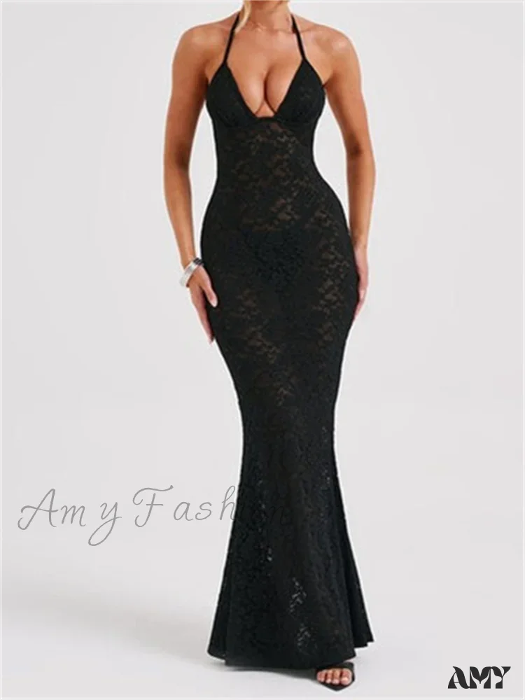 Amy Fashion - Sexy Women Lace  Sexy Mesh See Through Summer Off Shoulder V-neck Halter Black Beach Female Vestidos - Image 5