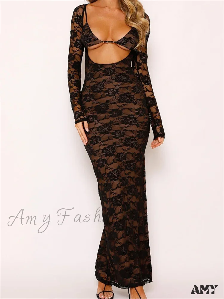 Amy Fashion - Sexy Women Lace   Sleeve Low Cut Deep V-neck Party Club with Bra Summer High Split Vestidos - Image 2