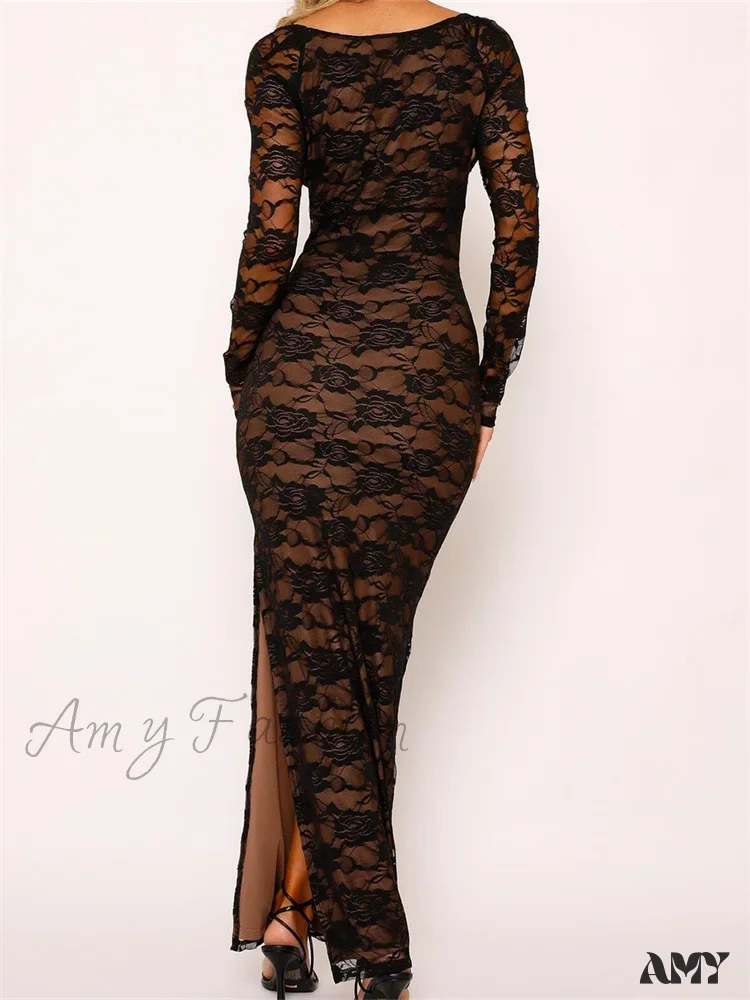 Amy Fashion - Sexy Women Lace   Sleeve Low Cut Deep V-neck Party Club with Bra Summer High Split Vestidos - Image 3