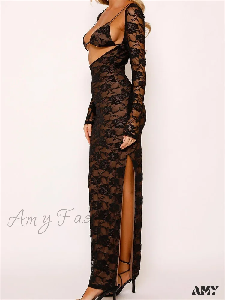 Amy Fashion - Sexy Women Lace   Sleeve Low Cut Deep V-neck Party Club with Bra Summer High Split Vestidos - Image 4