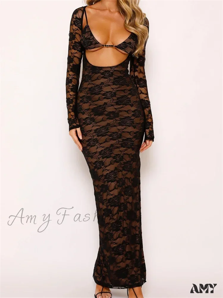 Amy Fashion - Sexy Women Lace   Sleeve Low Cut Deep V-neck Party Club with Bra Summer High Split Vestidos - Image 5