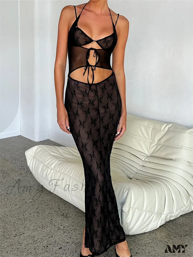 Amy Fashion - Sexy Women Lace Sleeveless Strap Sling Party Club Mesh See Through Hollow Out Slim Fit Vestidos - Image 2