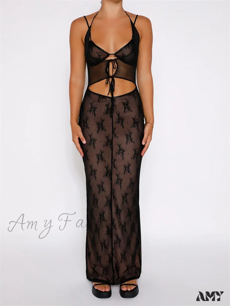 Amy Fashion - Sexy Women Lace Sleeveless Strap Sling Party Club Mesh See Through Hollow Out Slim Fit Vestidos - Image 5