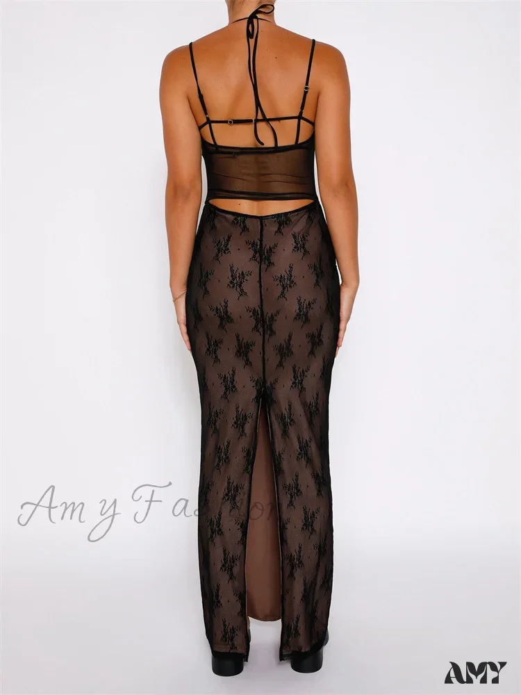 Amy Fashion - Sexy Women Lace Sleeveless Strap Sling Party Club Mesh See Through Hollow Out Slim Fit Vestidos - Image 6
