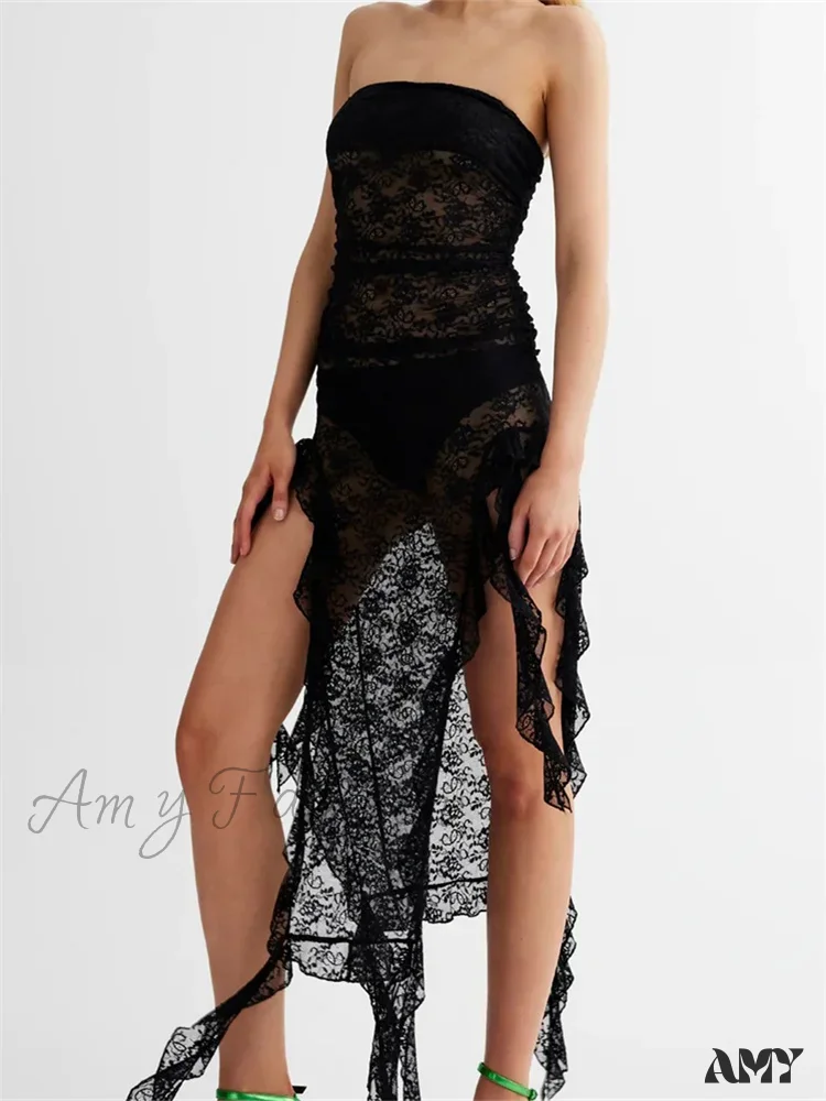 Amy Fashion - Sexy Women Lace Tube Strapless Off Shoulder Backless See Through Irregular Hem Split Tassels Clubwear New - Image 2