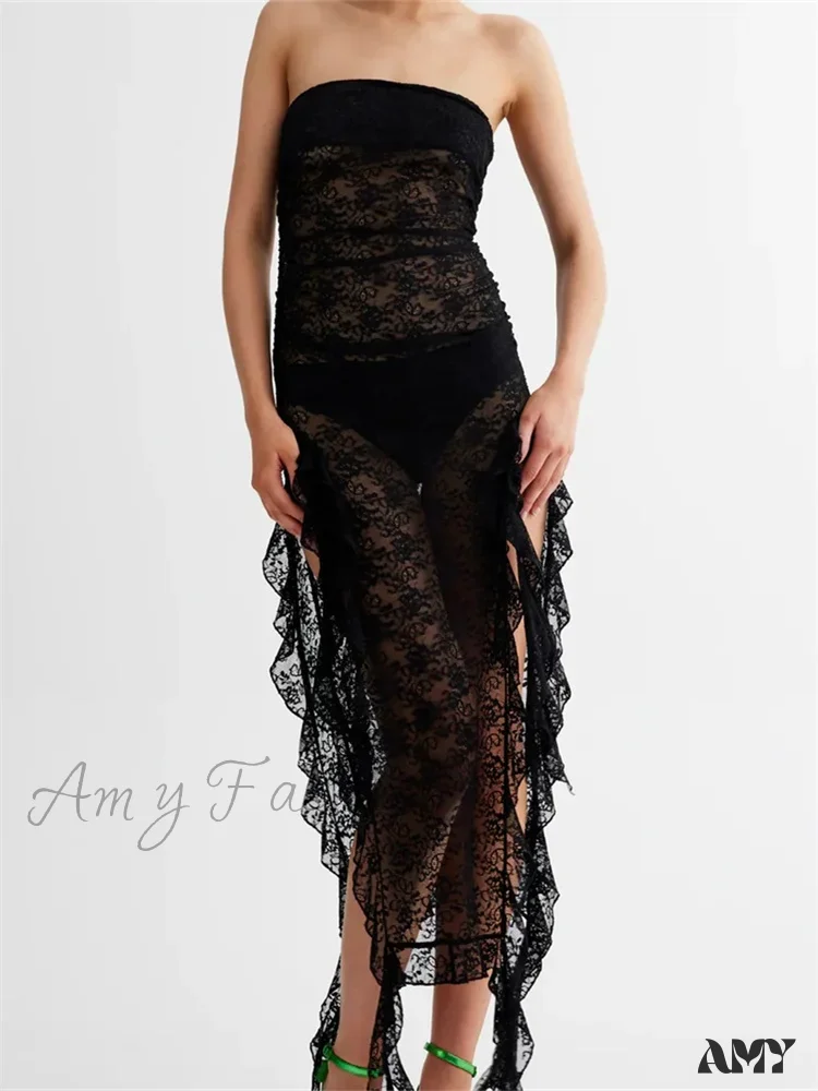 Amy Fashion - Sexy Women Lace Tube Strapless Off Shoulder Backless See Through Irregular Hem Split Tassels Clubwear New - Image 3