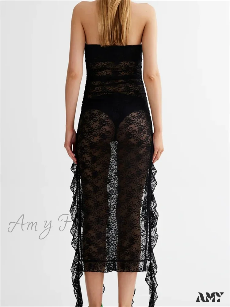 Amy Fashion - Sexy Women Lace Tube Strapless Off Shoulder Backless See Through Irregular Hem Split Tassels Clubwear New - Image 5